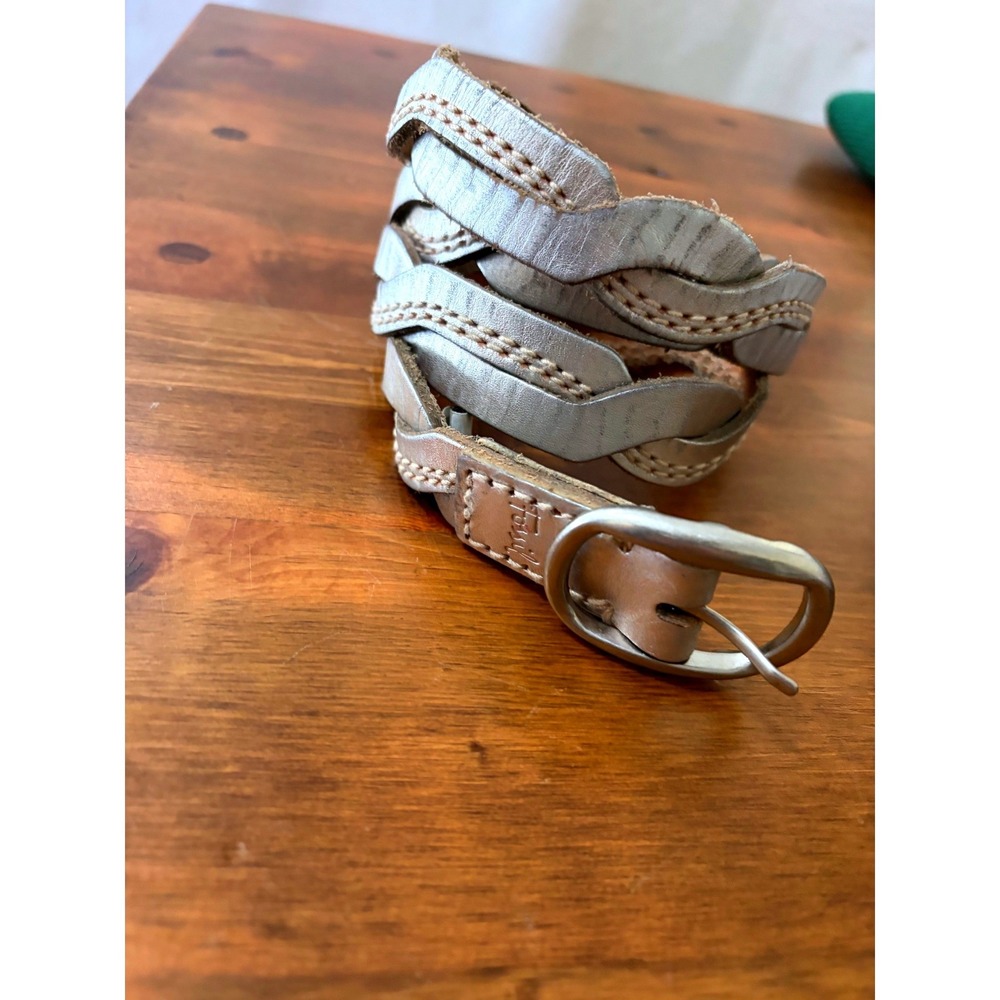 Fossil Womens Metallic Silver Braided Leather Belt Large Woven Boho 313795040